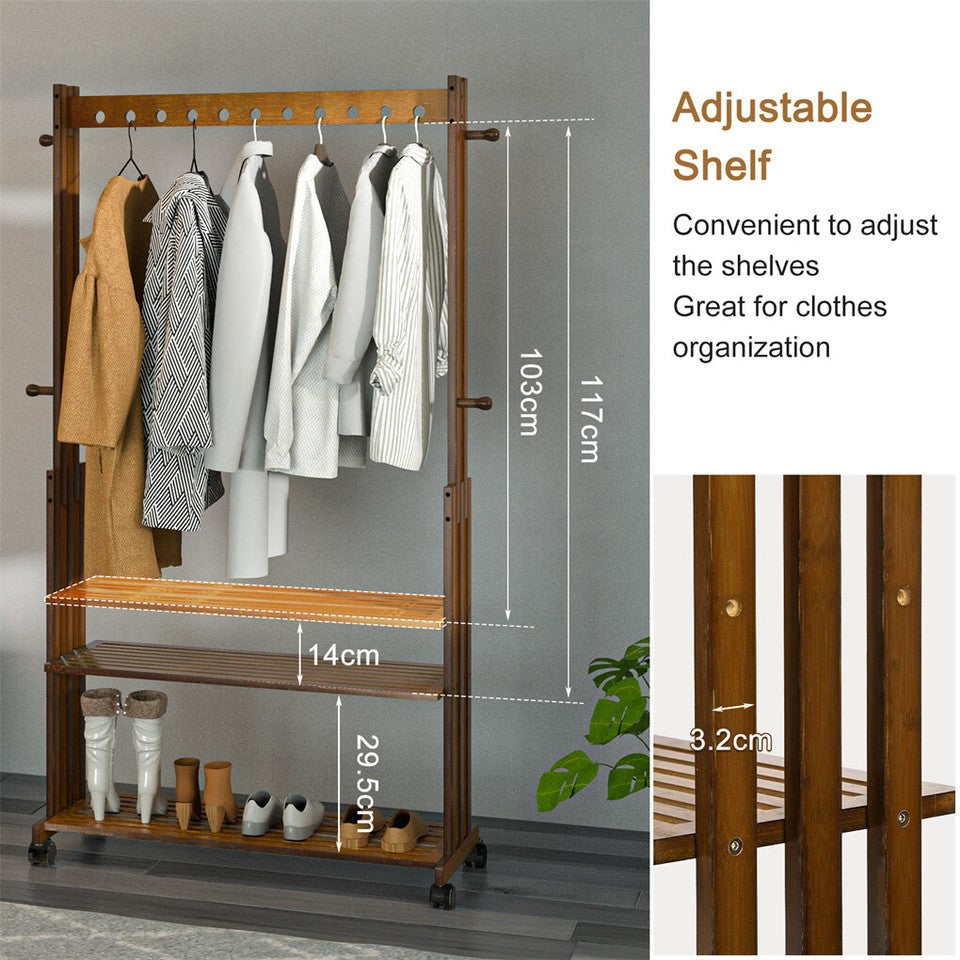 Walnut Wood Rolling Clothing Garment Rack Open Wardrobe Entryway Bedroom Shop