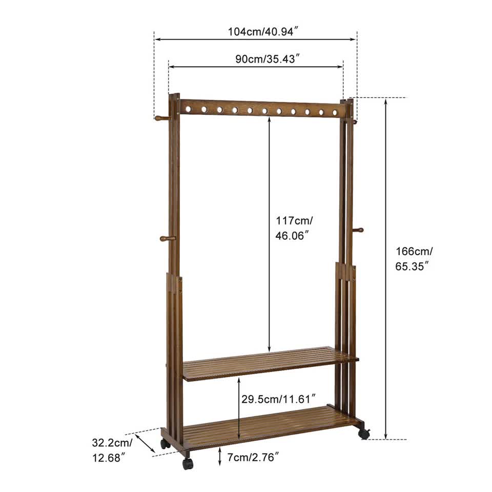 Walnut Wood Rolling Clothing Garment Rack Open Wardrobe Entryway Bedroom Shop