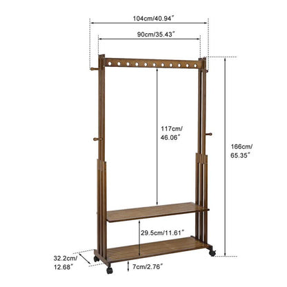 Walnut Wood Rolling Clothing Garment Rack Open Wardrobe Entryway Bedroom Shop