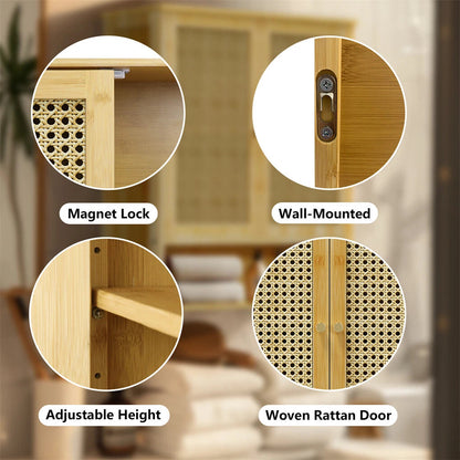 3 Tier Bathroom Wall Cabinet Rattan Door Bamboo Storage Shelf Over Toilet Cupboard Organizer