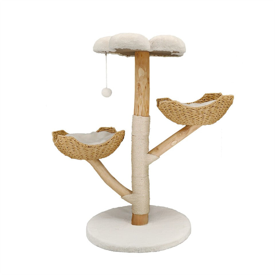 Solid Wood Cat Tree with 3 Branches & Baskets
