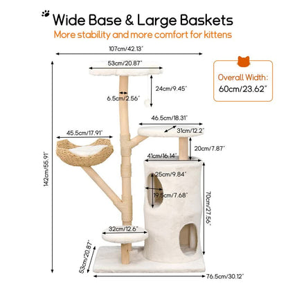 142cm Large Tall Cat Tree Tower with Soft Flower Perch & Condo - Multi-Level Cat Furniture for Kittens & Adult Cats
