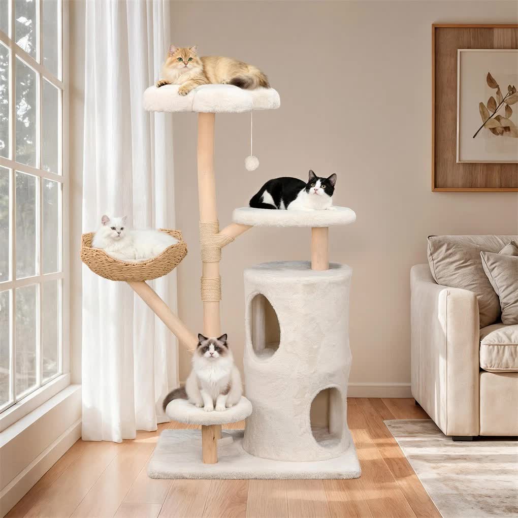 142cm Large Tall Cat Tree Tower with Soft Flower Perch & Condo - Multi-Level Cat Furniture for Kittens & Adult Cats