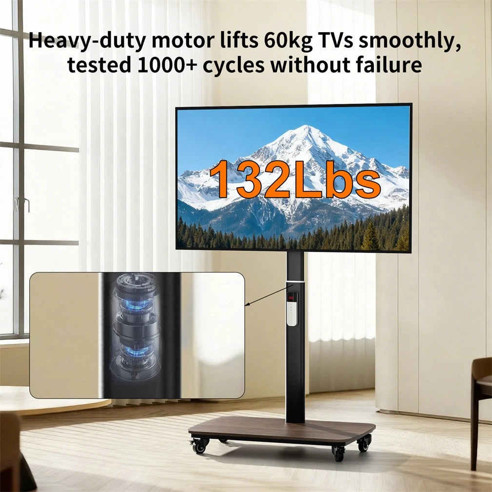 37-75 Inch Electric Height Adjustable Rolling TV Stand - Motorized Floor Mount with Remote Control, Shelf & Lockable Wheels
