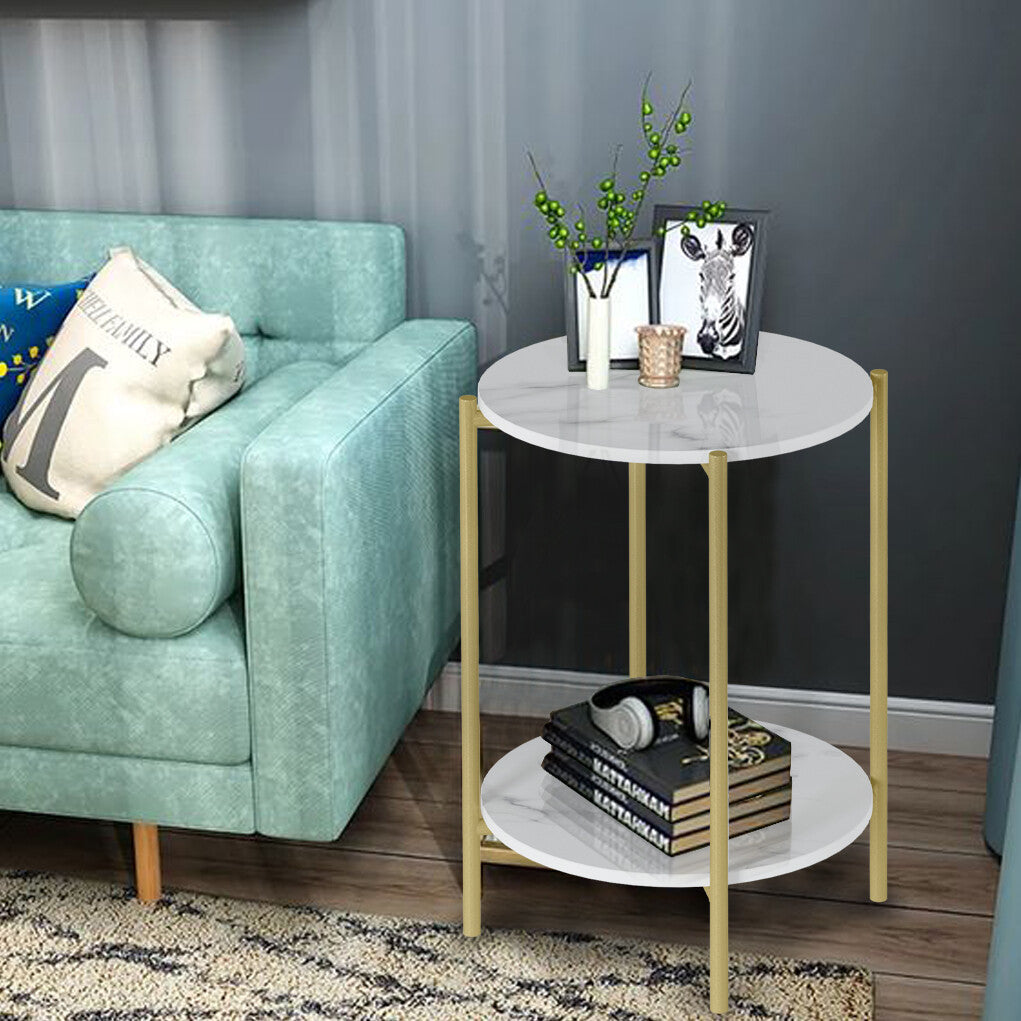 e Store - Marble Sofa Side End Table/Coffee Table with Shelf & Gold Iron Legs