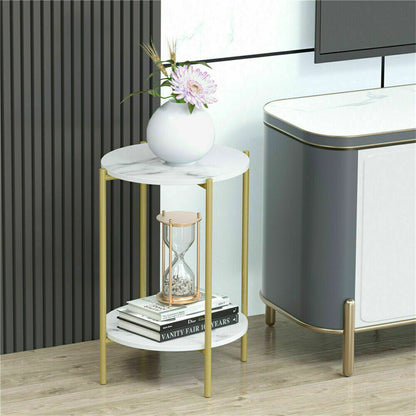 e Store - Marble Sofa Side End Table/Coffee Table with Shelf & Gold Iron Legs
