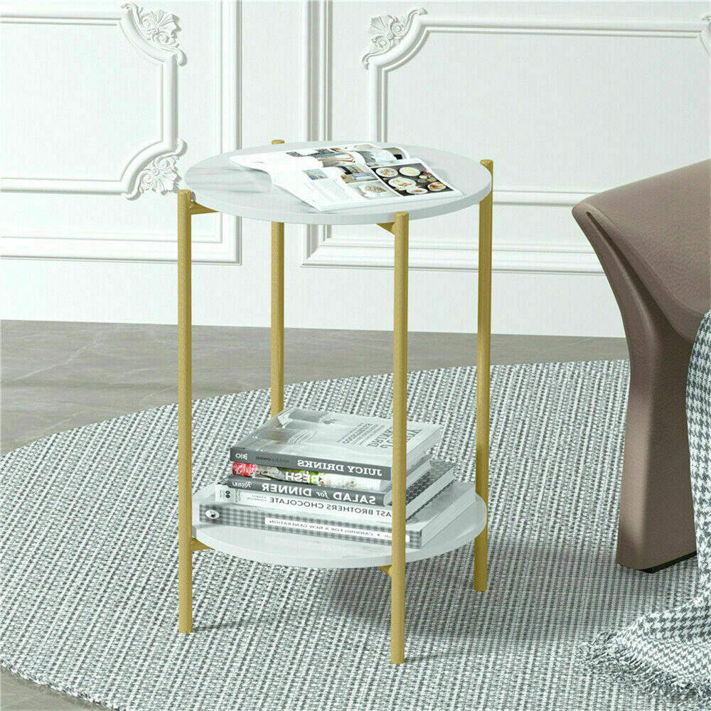 e Store - Marble Sofa Side End Table/Coffee Table with Shelf & Gold Iron Legs
