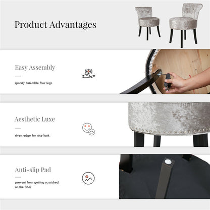 Grey Round Vanity Stool with Padded Seat and Backrest