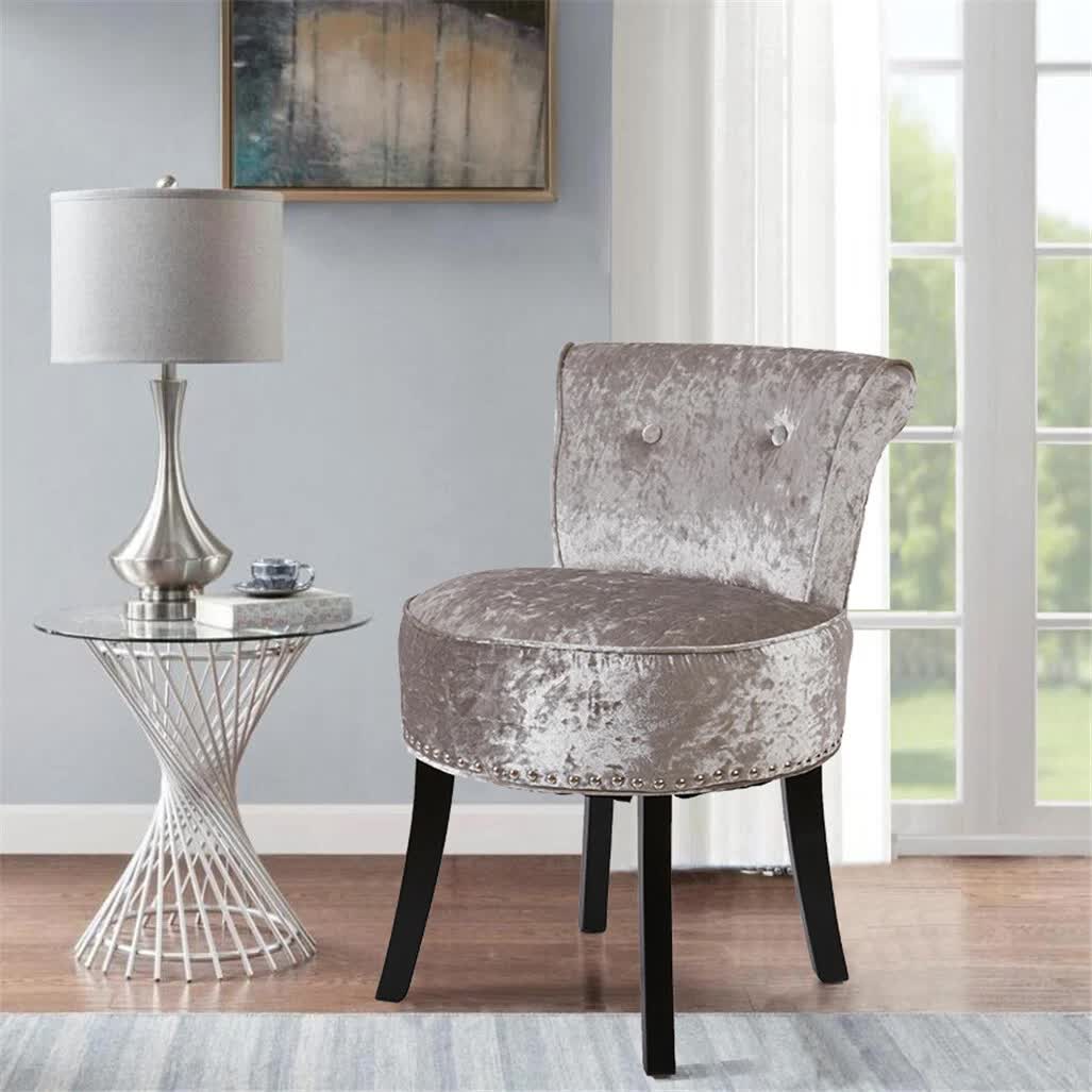 Grey Round Vanity Stool with Padded Seat and Backrest