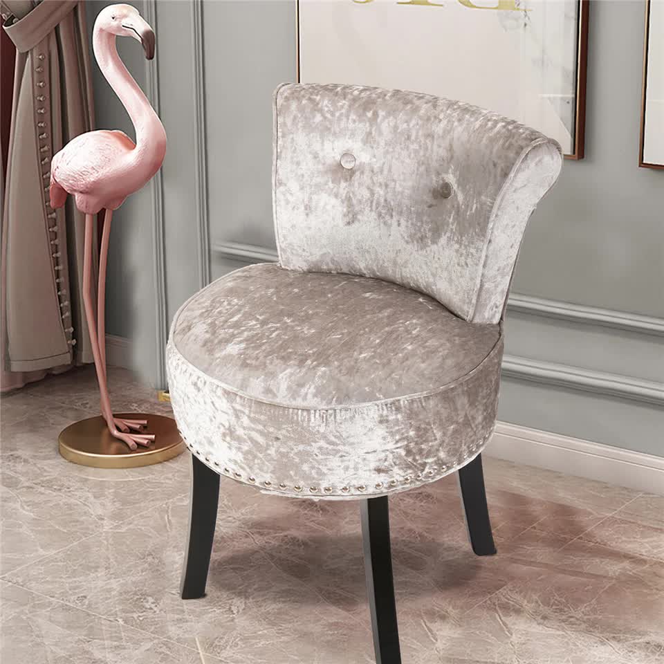 Grey Round Vanity Stool with Padded Seat and Backrest
