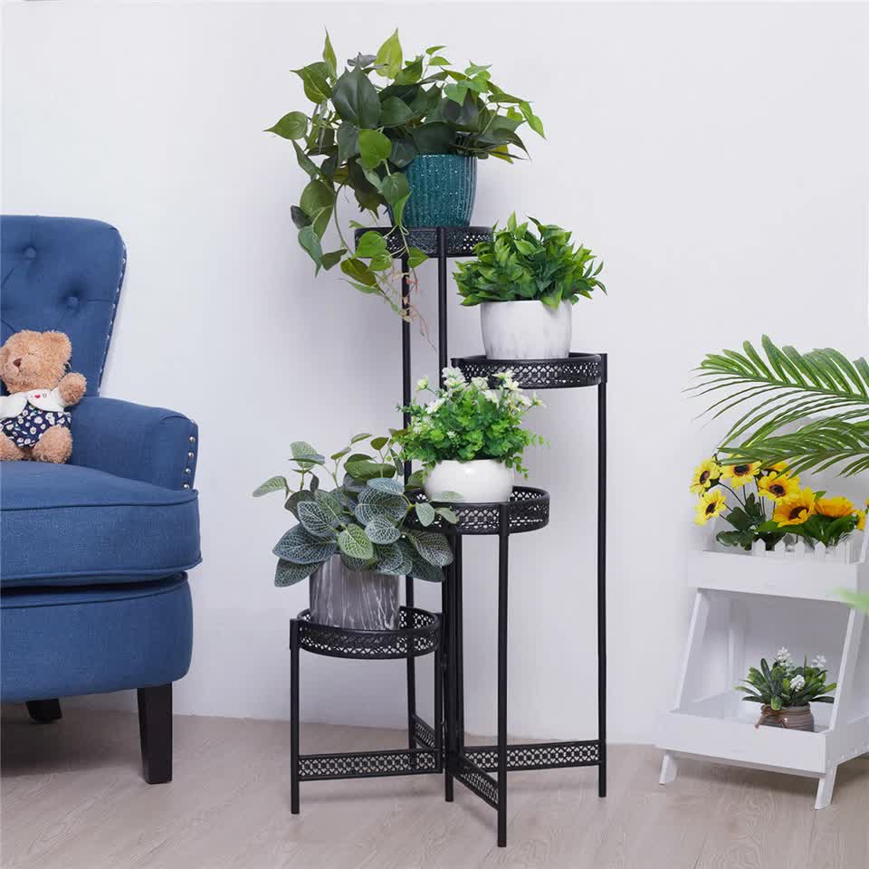 4 Tier Foldable Corner Tall Plant Stand Metal Flower Display Rack Indoor Outdoor