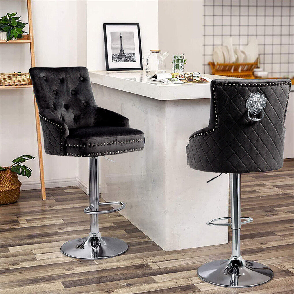 Luxury Black Velvet Swivel Bar Stool With Lion Knocker & Cross Stitch High Back
