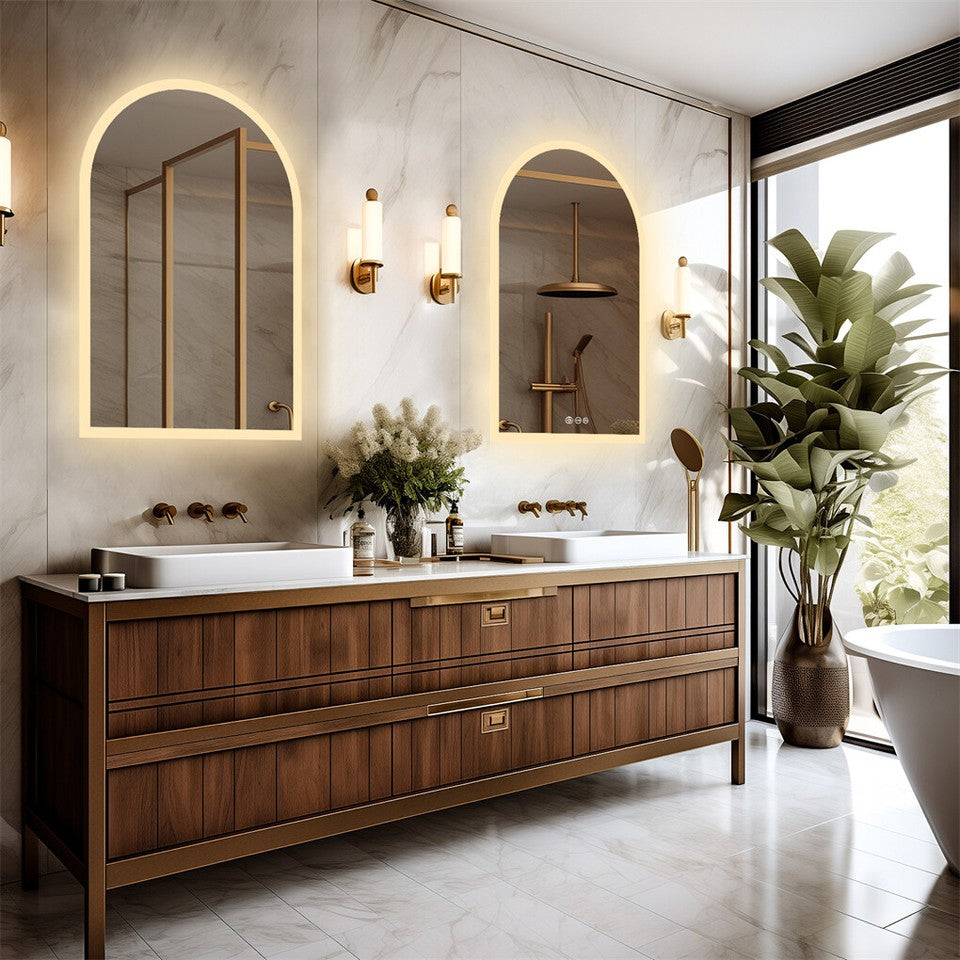 Arch Dimmable Led Bathroom Vanity Mirror w Antifog Temperature Date Time Display