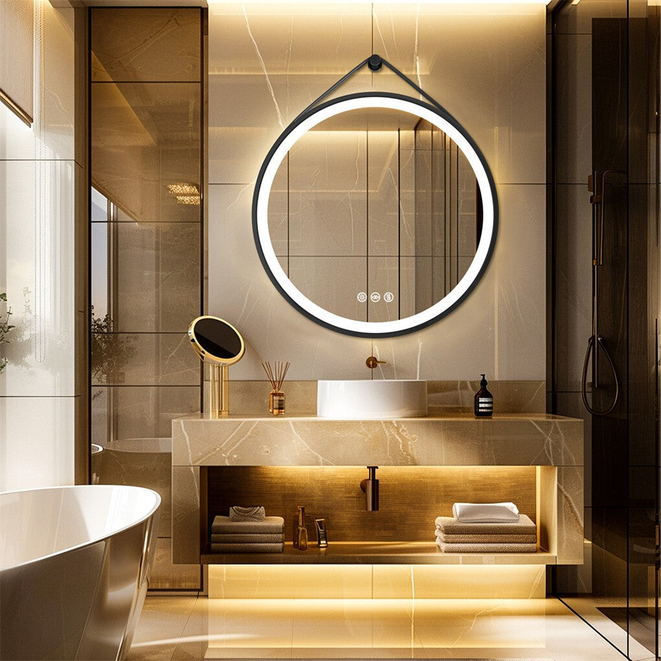 Round 700mm LED Bathroom Mirror with Leather Strap - Anti-Fog Dimmable Backlit Vanity Mirror - Wall Hanging Lighted Mirror