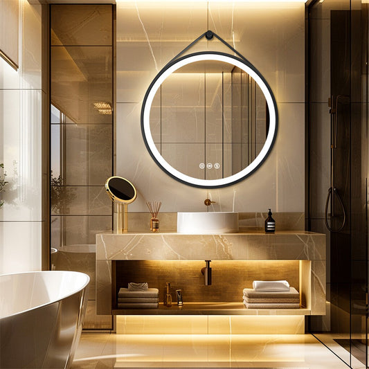 Round 700mm LED Bathroom Mirror with Leather Strap - Anti-Fog Dimmable Backlit Vanity Mirror - Wall Hanging Lighted Mirror