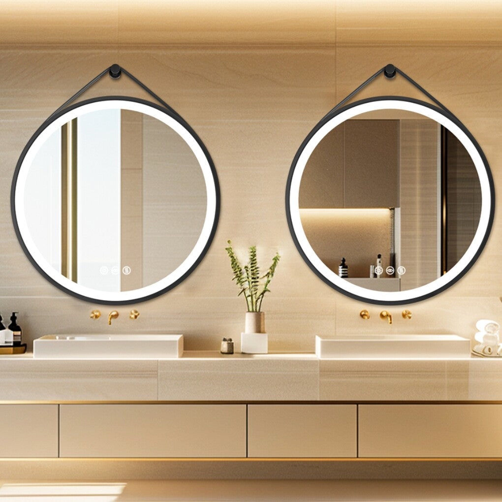 Round 700mm LED Bathroom Mirror with Leather Strap - Anti-Fog Dimmable Backlit Vanity Mirror - Wall Hanging Lighted Mirror