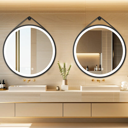 Round 700mm LED Bathroom Mirror with Leather Strap - Anti-Fog Dimmable Backlit Vanity Mirror - Wall Hanging Lighted Mirror