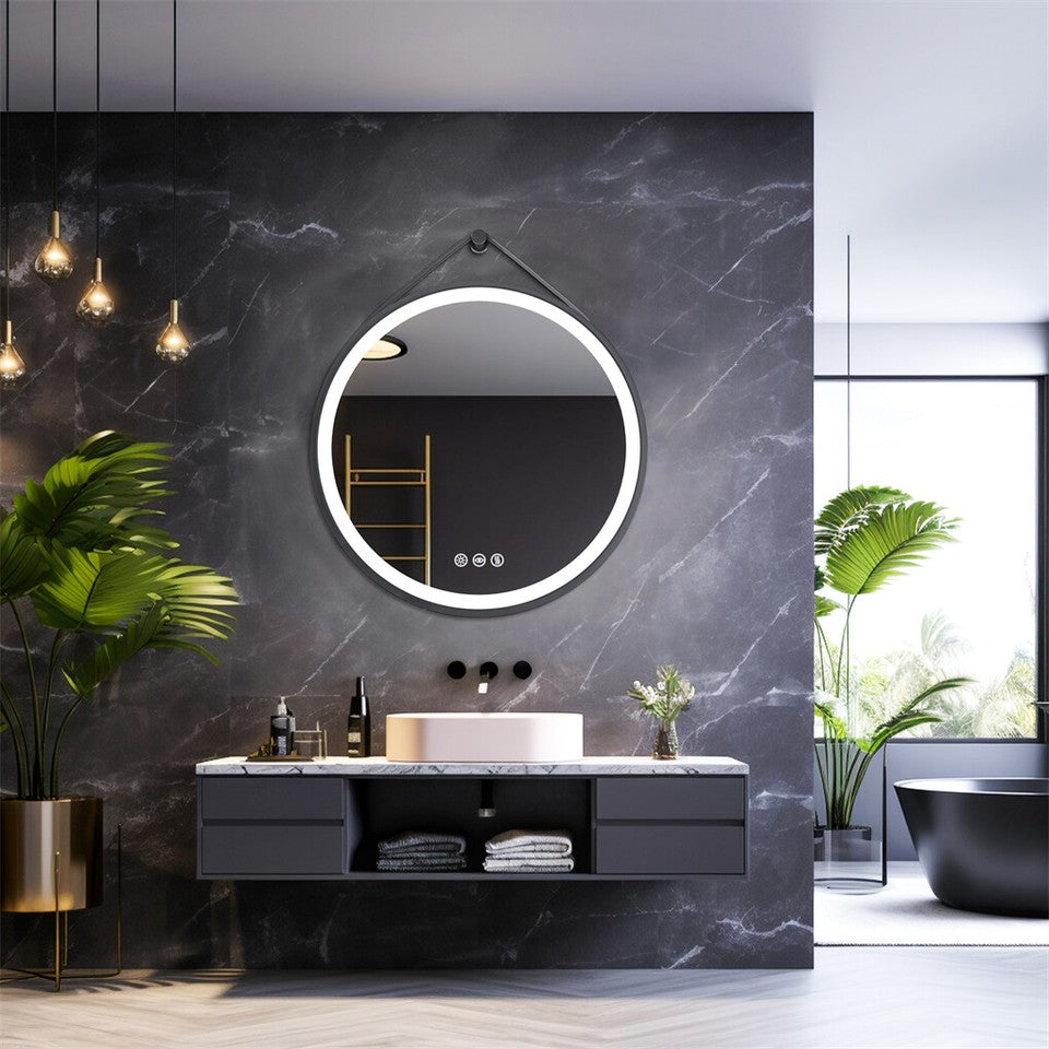 Round 700mm LED Bathroom Mirror with Leather Strap - Anti-Fog Dimmable Backlit Vanity Mirror - Wall Hanging Lighted Mirror
