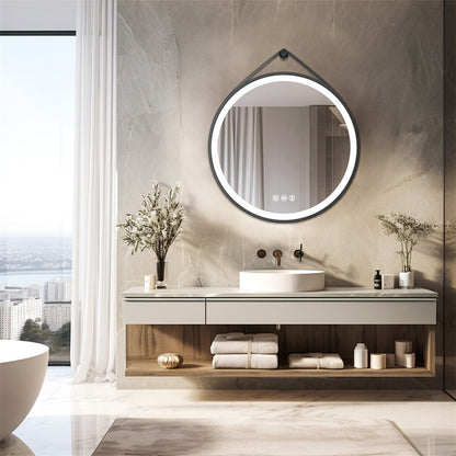Round 700mm LED Bathroom Mirror with Leather Strap - Anti-Fog Dimmable Backlit Vanity Mirror - Wall Hanging Lighted Mirror