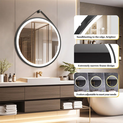 Round 700mm LED Bathroom Mirror with Leather Strap - Anti-Fog Dimmable Backlit Vanity Mirror - Wall Hanging Lighted Mirror