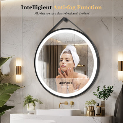 Round 700mm LED Bathroom Mirror with Leather Strap - Anti-Fog Dimmable Backlit Vanity Mirror - Wall Hanging Lighted Mirror