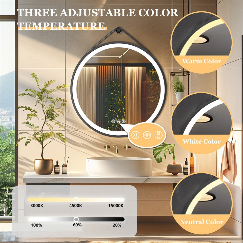 Round 700mm LED Bathroom Mirror with Leather Strap - Anti-Fog Dimmable Backlit Vanity Mirror - Wall Hanging Lighted Mirror