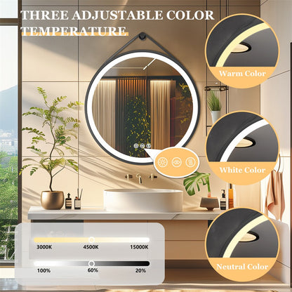 Round 700mm LED Bathroom Mirror with Leather Strap - Anti-Fog Dimmable Backlit Vanity Mirror - Wall Hanging Lighted Mirror