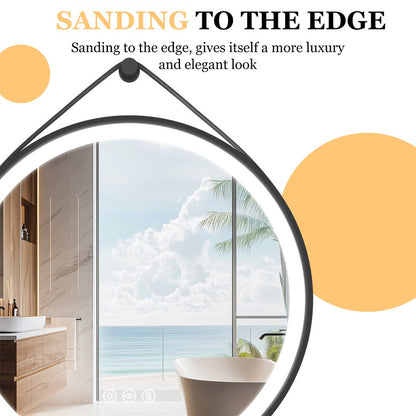Round 700mm LED Bathroom Mirror with Leather Strap - Anti-Fog Dimmable Backlit Vanity Mirror - Wall Hanging Lighted Mirror