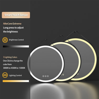 Round 700mm LED Bathroom Mirror with Leather Strap - Anti-Fog Dimmable Backlit Vanity Mirror - Wall Hanging Lighted Mirror