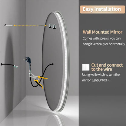 P&P Silver Mirror With White Frame Round LED Bathroom Mirror