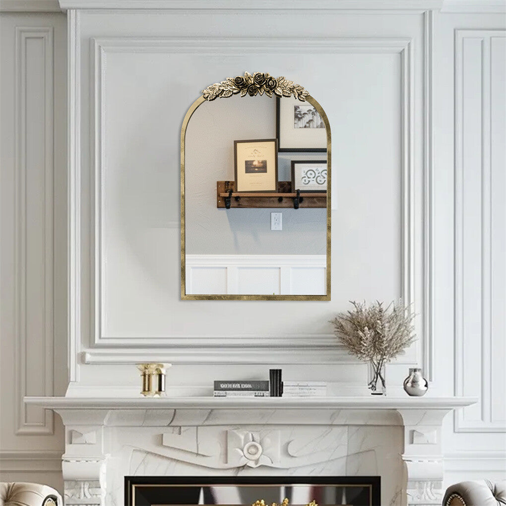 Antique Baroque Arched Wall Mirror Rose Edge Decorative Mirror Fireplace Entryway