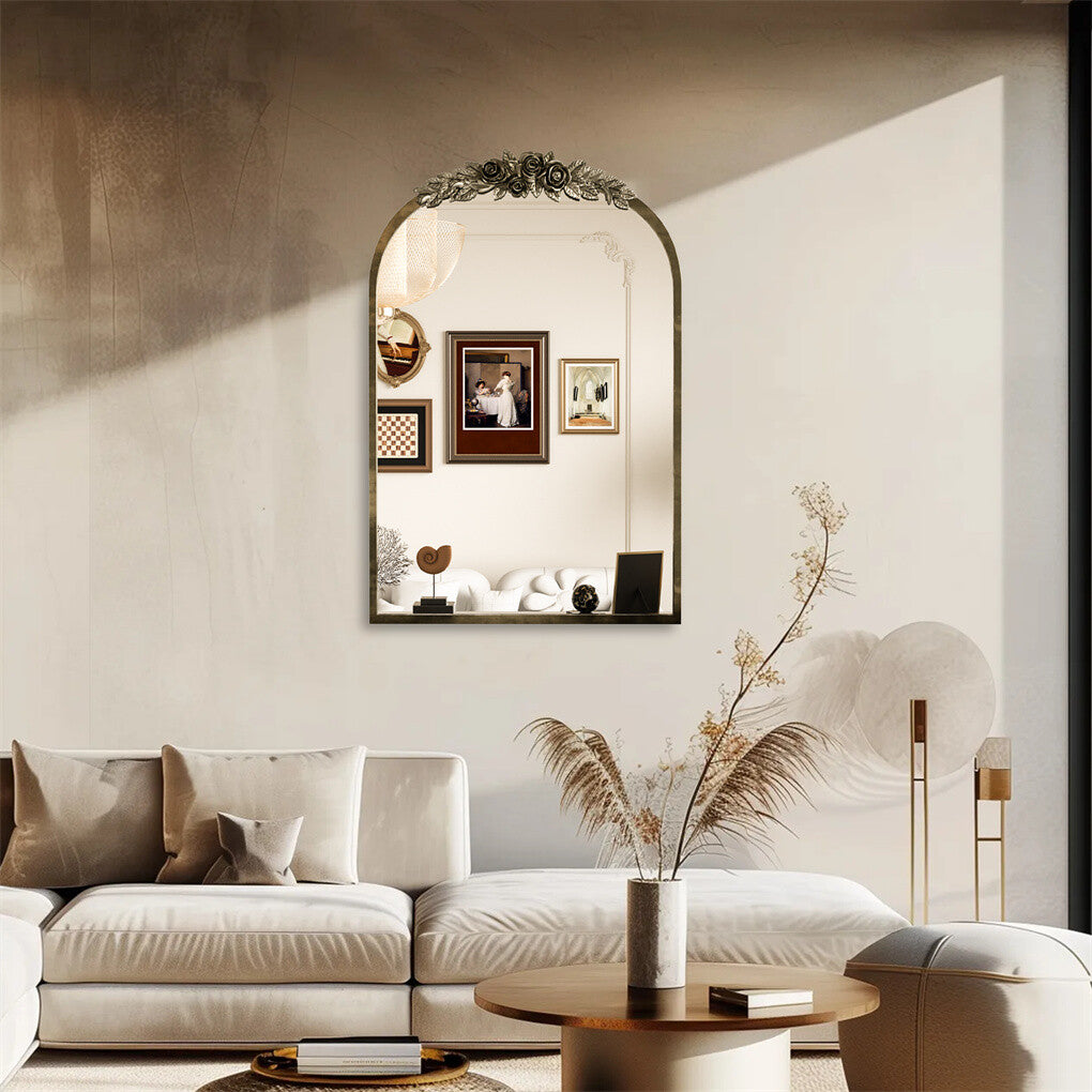 Antique Baroque Arched Wall Mirror Rose Edge Decorative Mirror Fireplace Entryway