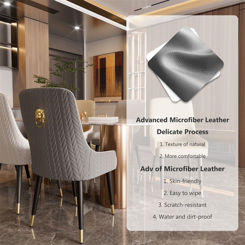 High-End Grey Dining Chairs Set of 2 Faux Leather Upholstered Kitchen Chairs with Gold Lion Head
