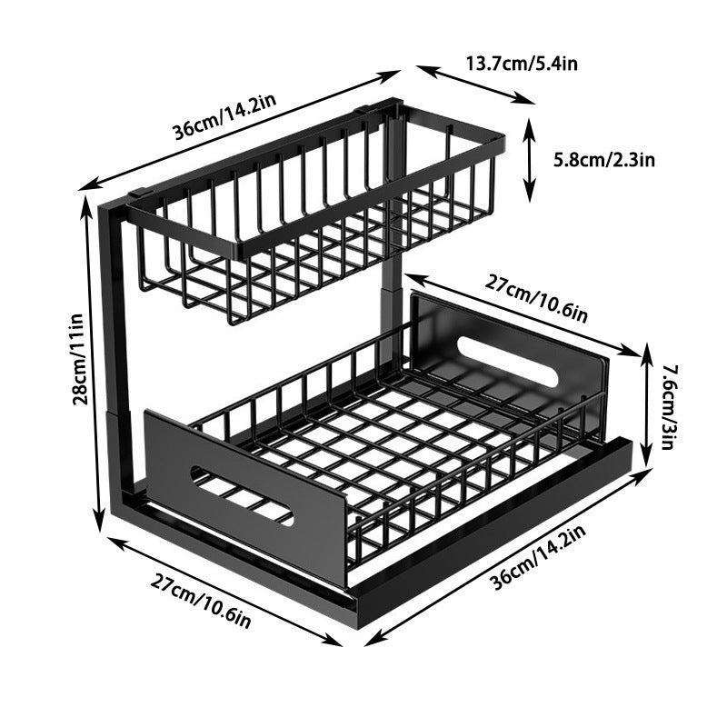 2-Tier Under Sink Organizer and Storage - Heavy Duty Metal Pull-Out Cabinet Organizer, L-Shaped Sliding Drawer Rack for Kitchen, Bathroom, and Pantry - Black