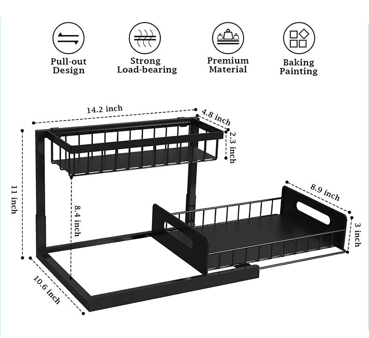 2-Tier Under Sink Organizer and Storage - Heavy Duty Metal Pull-Out Cabinet Organizer, L-Shaped Sliding Drawer Rack for Kitchen, Bathroom, and Pantry - Black