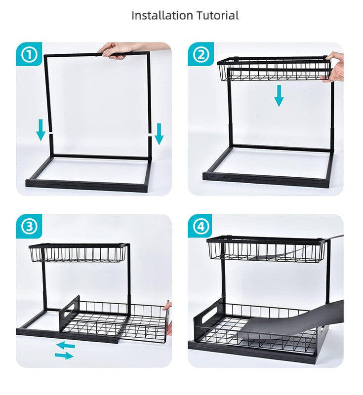 2-Tier Under Sink Organizer and Storage - Heavy Duty Metal Pull-Out Cabinet Organizer, L-Shaped Sliding Drawer Rack for Kitchen, Bathroom, and Pantry - Black