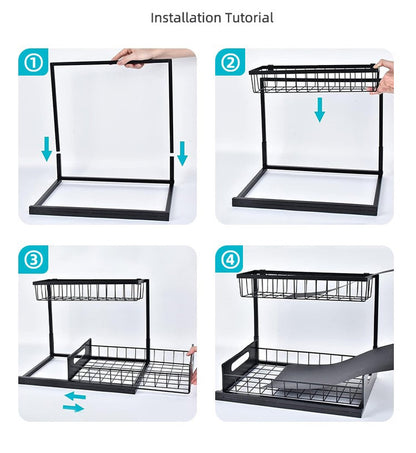 2-Tier Under Sink Organizer and Storage - Heavy Duty Metal Pull-Out Cabinet Organizer, L-Shaped Sliding Drawer Rack for Kitchen, Bathroom, and Pantry - White