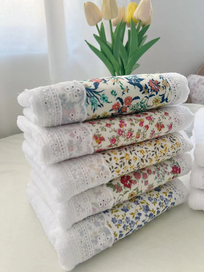 2 PCS Blue Small Flower B 100% Cotton Solid Color Thickened Adult Face Towel with Floral Soft Texture - 35 x 75cm