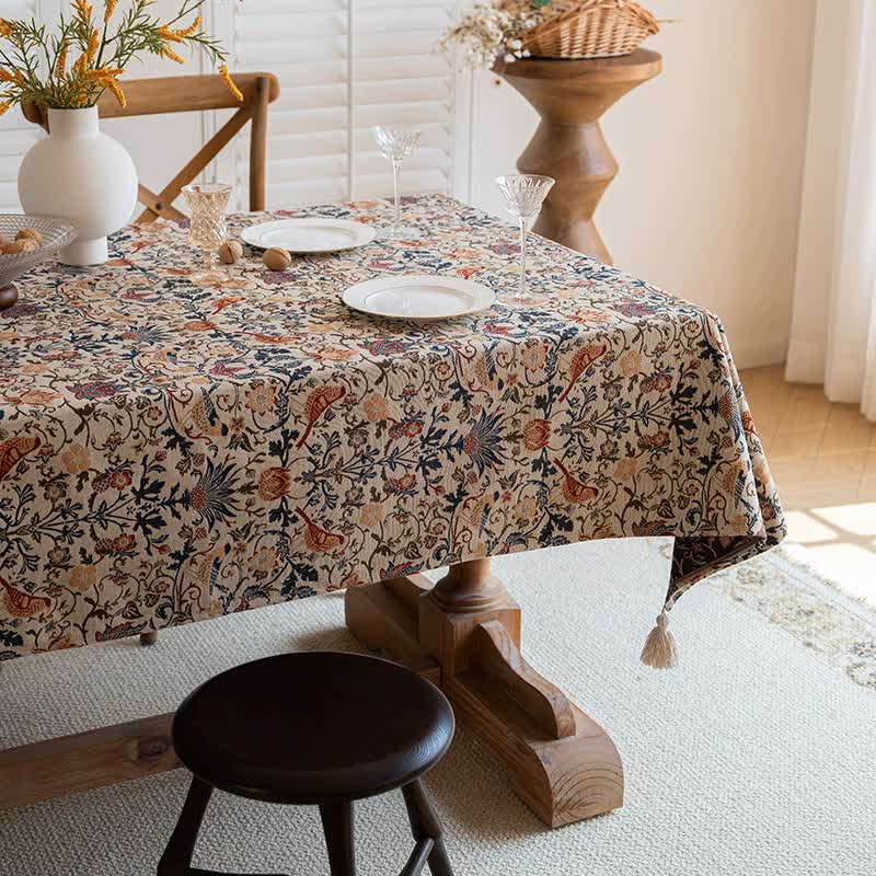 Floral Vintage Bird Tassel Tablecloth | Vintage Cotton and Linen Jacquard Tablecloth, 120*160cm