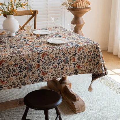 Floral Vintage Bird Tassel Tablecloth | Vintage Cotton and Linen Jacquard Tablecloth, 120*160cm