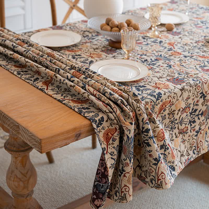 Floral Vintage Bird Tassel Tablecloth | Vintage Cotton and Linen Jacquard Tablecloth, 120*160cm
