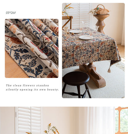 Floral Vintage Bird Tassel Tablecloth | Vintage Cotton and Linen Jacquard Tablecloth, 120*160cm