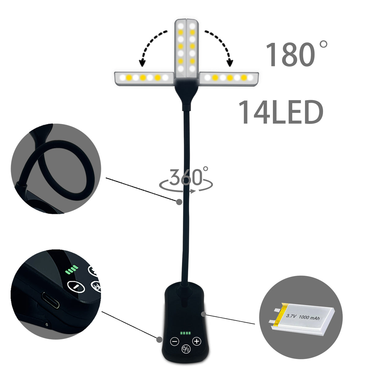 White Rechargeable Dual-Head Clip-On Book Light - Touch Control Reading Lamp with Eye Protection