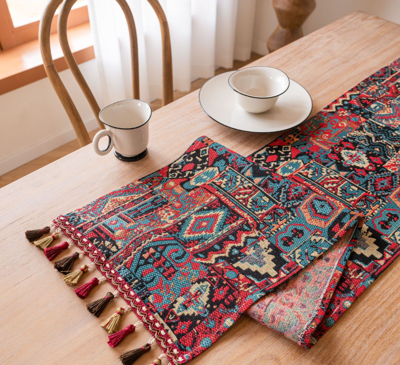 Jacquard Black With Plum Blossom 33-180cm Elegant Geometric Jacquard Table Runner with Tassels - Modern Dining & Coffee Table Decor