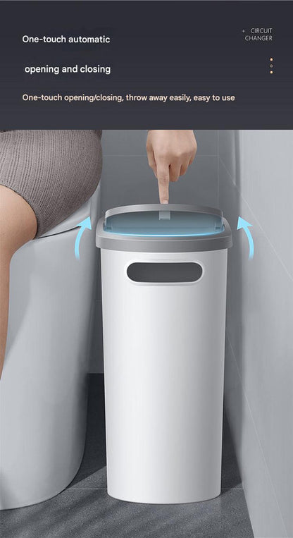 Slim Press-Top Trash Can with Top Storage Compartment - Narrow Design for Bathroom & Small Spaces(White cover + ash bucket)