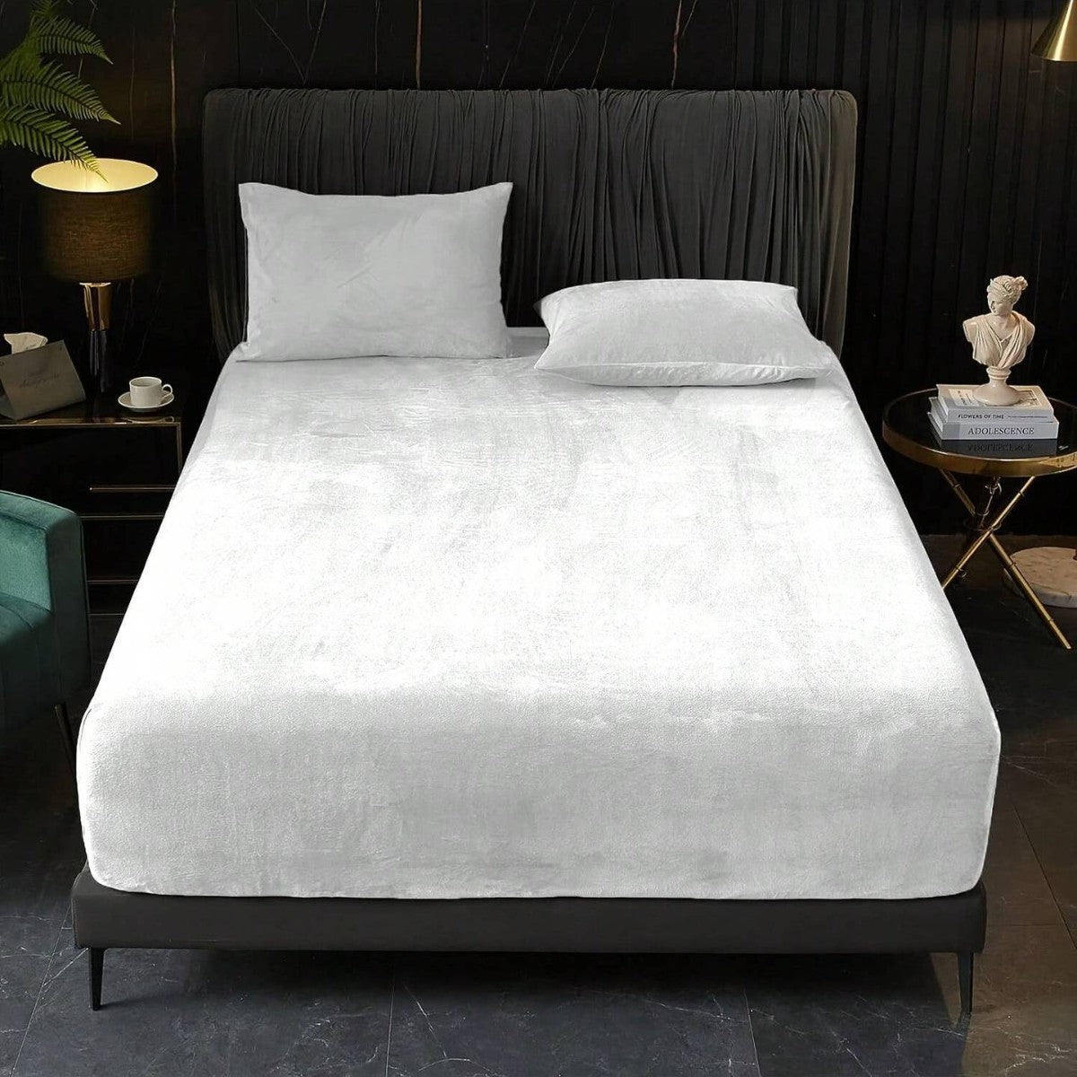 White Plush Crystal Velvet Fitted Sheet - Ultra Soft, Warm & Thick for Winter (153x203+36cm)