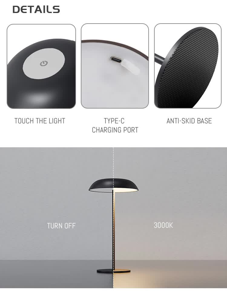 Black Minimalist Rechargeable LED Touch Table Lamp - 3-Color Stepless Dimming Metal Desk Light