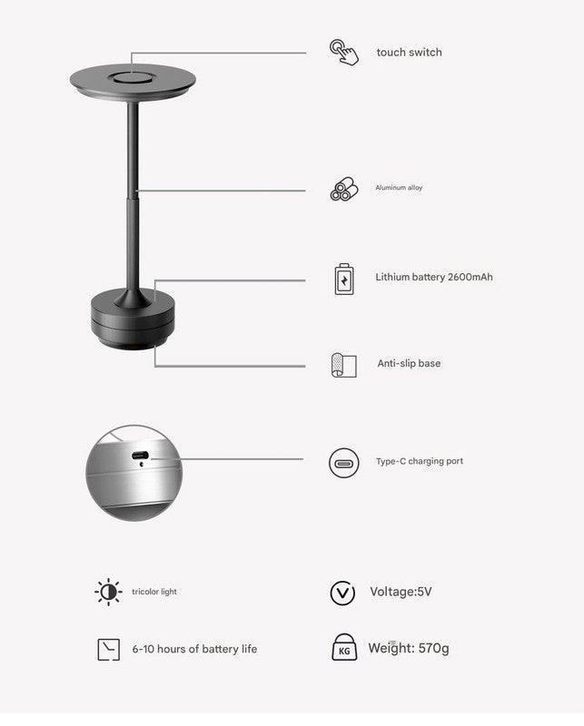 Gold Elegant Aluminum Alloy Rechargeable LED Touch Lamp - 3-Color Dimmable Cordless Table Light