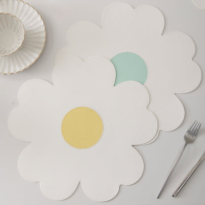 White Background With Blue Heart + Yellow Heart Set of 6 Reversible Flower Shaped Placemats - Waterproof PU Leather Dining Table Mats