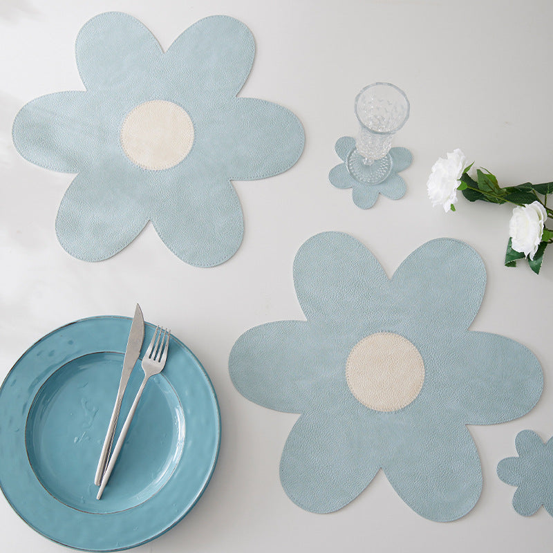 White Background With Blue Heart + Yellow Heart Set of 6 Reversible Flower Shaped Placemats - Waterproof PU Leather Dining Table Mats